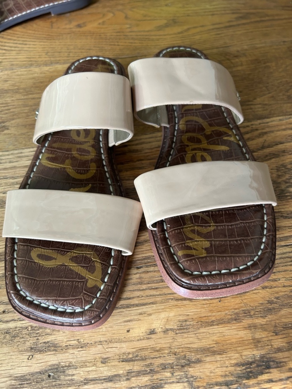 Sam Edelman Patent Leather Double-Strap Sandals in Beige and Brown